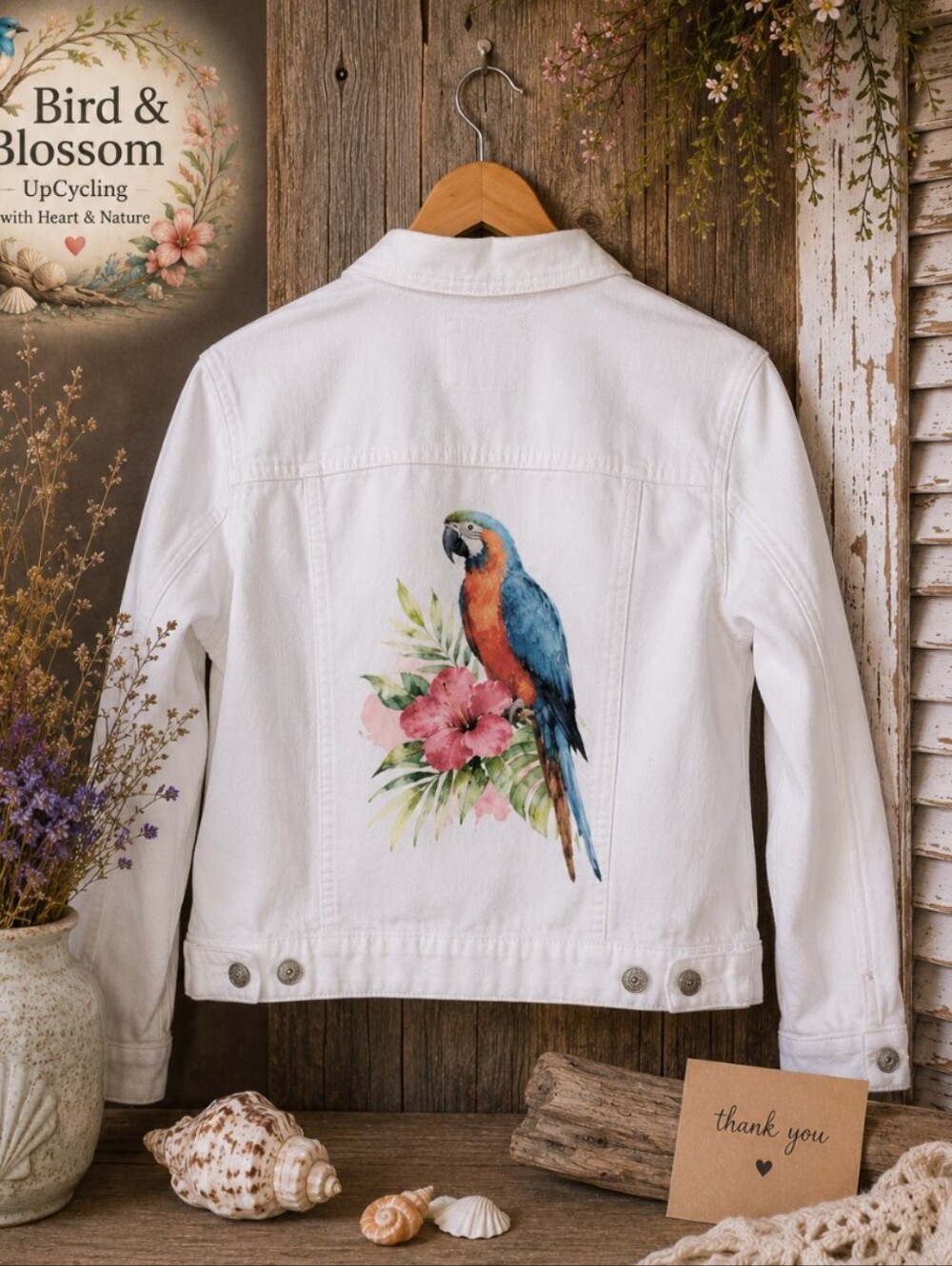 UpCycled Old Navy | Women's Small | Parrot 🦜and Hibiscus 🌺 Jean Jacket | White